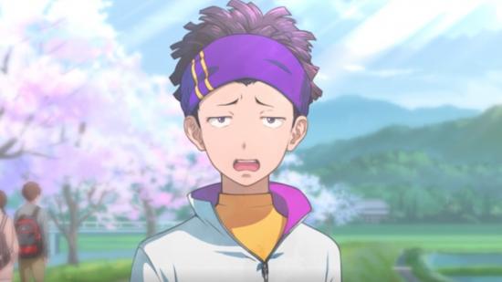 Ryo looking sad and confused, as Ryo nearly always does, in a cherry blossom field in Digimon Survive