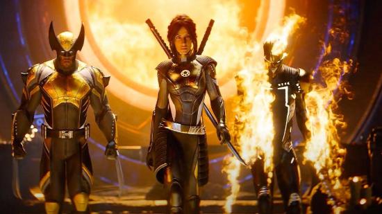 Three characters, including wolverine and Ghost Rider, are seen walking away from a flaming portal towards the Disney and Marvel Games Showcase