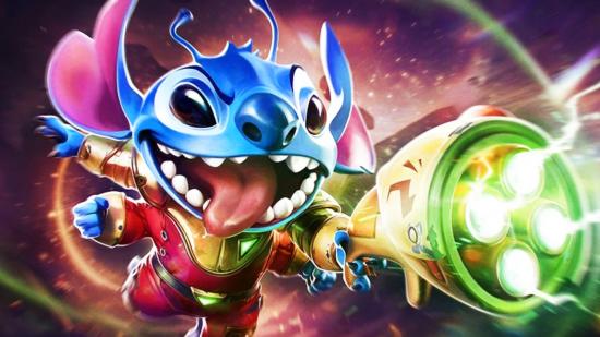 Stitch running forward with his tongue flapping in the wind as he shoots his green laseer gun in celebration of Disney Mirrorverse's five million players