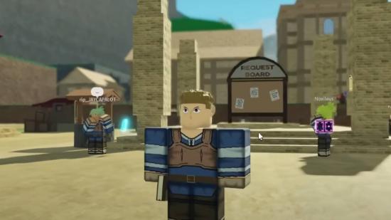 Era of Althea traits: a character appears in a Roblox game, they are wearing dark blue armour reminiscent of anime armour, and they stand in the middle of a populated square