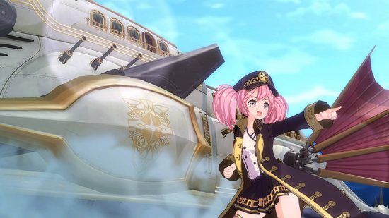 Eroica tier list: a young girl with bright pink hair stands dynamically in front of a large battle ship