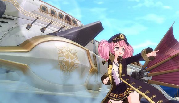Eroica tier list: a young girl with bright pink hair stands dynamically in front of a large battle ship