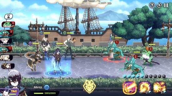 Eroica tier list: a screenshot from the game Eroica shows a team of four characters fighting monsters in front of a wooden ship