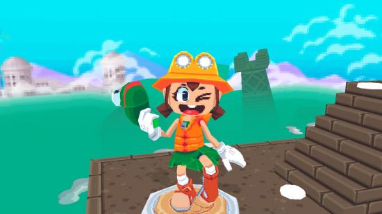 Frogun review: image shows the main character, Renata, looking to the camera and winking while holding the Frogun in some ancient ruins.