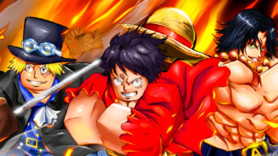 Fruit Piece codes - a Roblox version on an angry looking Luffy with a character either side of him