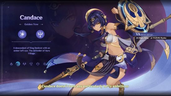 Genshin Candace splash art with a brief overview of her story to the left.