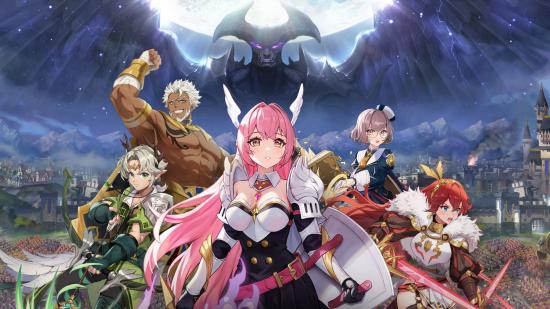 Art for Grand Cross W with a pink-haired woman in a white and black outfit in the middle, a strong man with grey hair with arm in the air behind, a couple of other women and a large demon shadowing the sky.