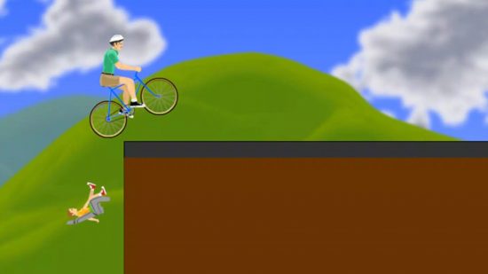 Screenshot of the Happy Wheels main character losing the child off the back of their bike