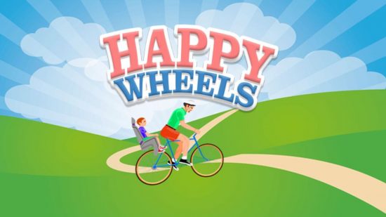 Official Happy Wheels promo art with the main character and his child on the back of the bike in a green valley