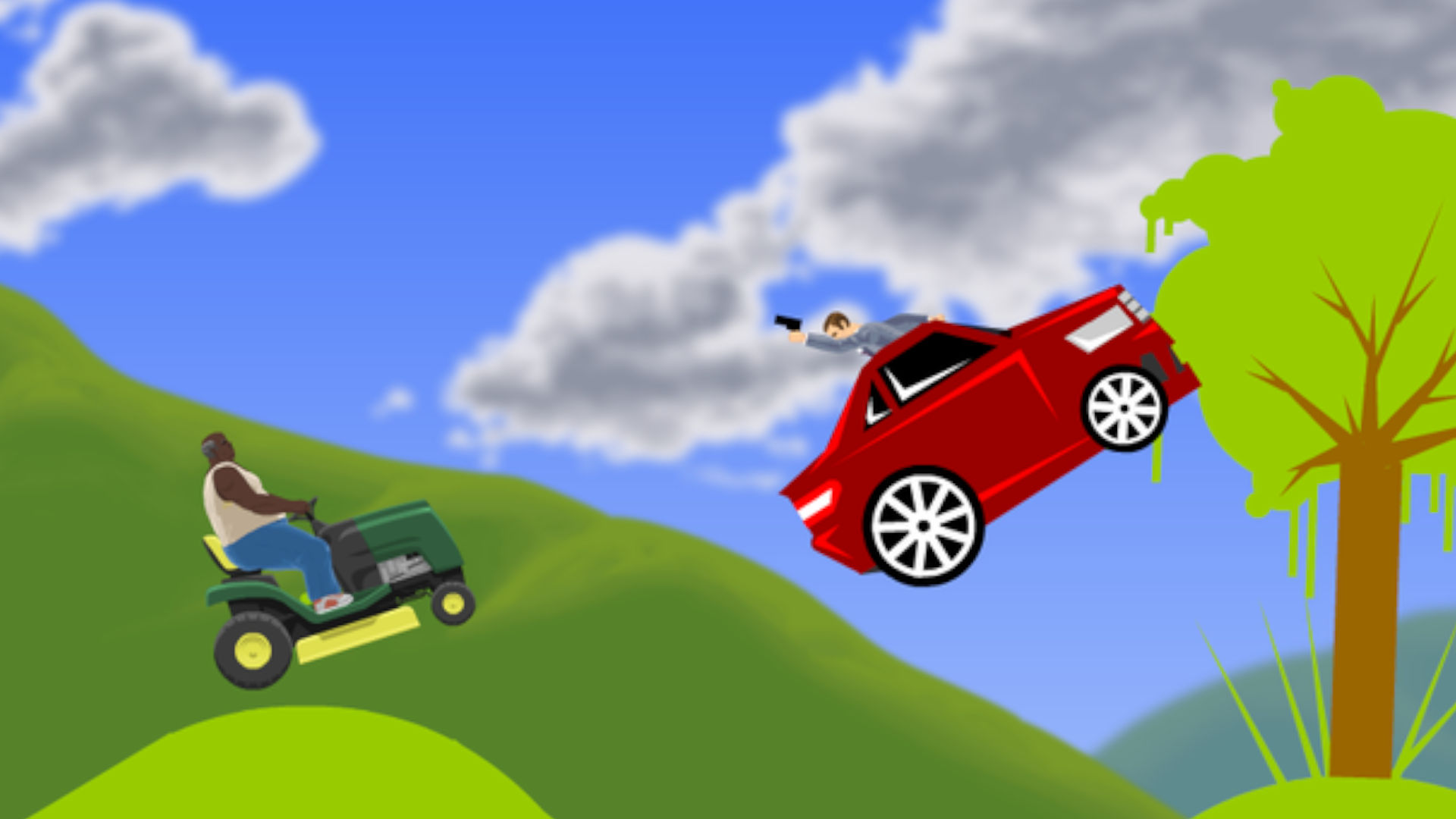 A lawnmower riding player in hot pursuit in Happy Wheels