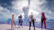 Four characters from Harvestella stood looking away from the camera towards a large, plant-like structure in the sky, blocking out the sun. On the left is a woman with very long blonde hair that touches the ground. Next to her is what looks like a man with short blondish hair and a blue ribbon coming down his back. On the right is a woman with long red hair, and next to her is what looks like a woman with pretty standard blonde hair.