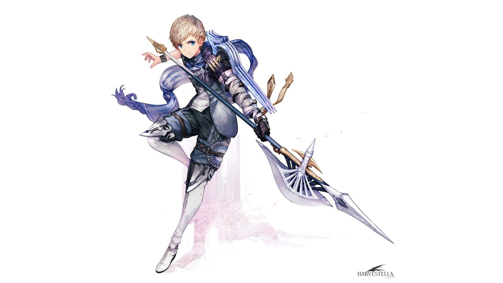 Character art for Asyl from Harvestella. He looks like a young man or boy. He has an elegant spear, long white boots, and light silver armour, along with blue strands of cloth like a scarf or ribbon. He is stood like he's in motion and has short blond hair and blue eyes.