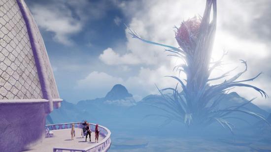 Tiny characters stood on a balcony of a large tower looking up at a giant plant-like structure blotting out the sun in a cloudy sky, in a screenshot from Harvestella.