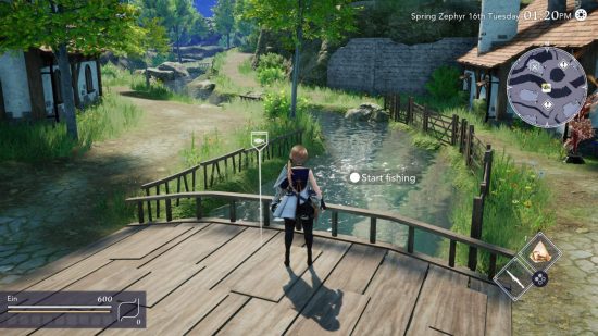 A picture from Harvestella showing the place where you go fishing. it is a thin river with a wooden bridge over it. The protagonist stands with their back to us atop it. They are feminine with long blonde hair and thin legs. In the distance a green and yellow grassed path leads into the wooded distance. Some buildings line the bank.