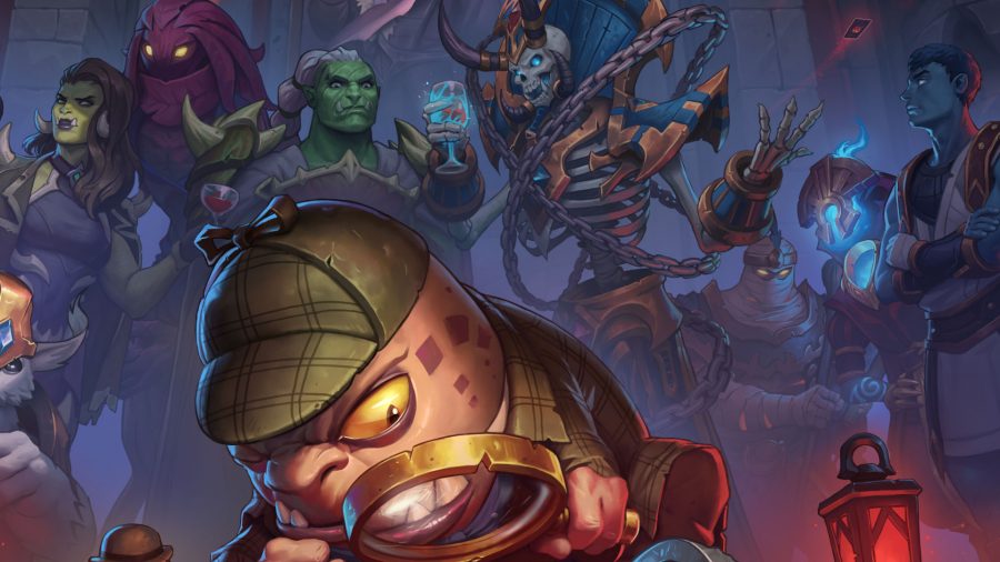 Murloc Holmes leading the detective work with his dopped hat and magnifying glass as part of the Hearthstone Murder at Castle Nathria expansion