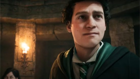 A male Slytherin student in a tomb in the Hogwarts Legacy new trailer