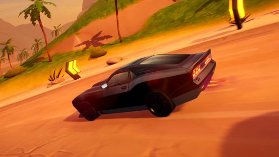 Screenshot from the Horizon Chase 2 release date trailer of a car speeding around a tight bend in a desert track
