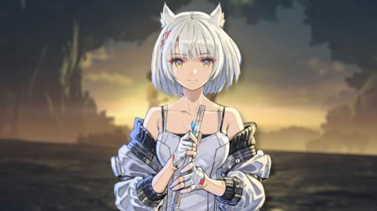 Original art for Mio from Xenoblade Chronicles 3. She is a woman with cat ears, silver hair, a grey jacket, white dress, and flute in hand.