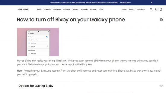 A screenshot that looks at how to turn off Bixby