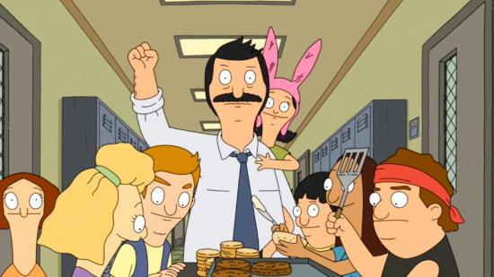 Hulu download - Bob's Burgers, bob with his hand in the air while people eat his food