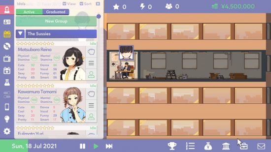 Idol Manager review: a screenshot of the business sim gameplay, showing the building and a list of idols