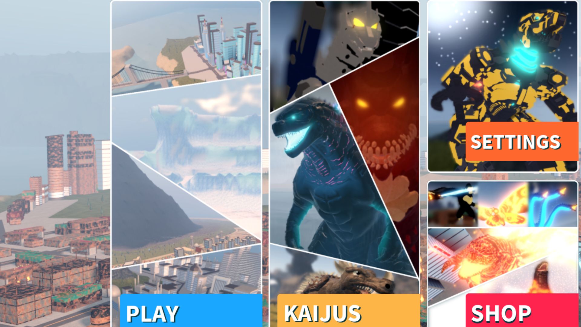 The menu from Roblox game Kaiju Universe. There are four pictures, one of a landscape with the word 'play' at the bottom, a comic book-style mashup of Godzilla-looking Kaiju with the word 'kaijus' a the bottom, and a settings menu, all in front of a large virtual landscape.