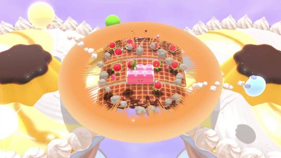 Kirby's Dream Buffet review: four different Kirbys battle it out on a level made out of sweets and desserts