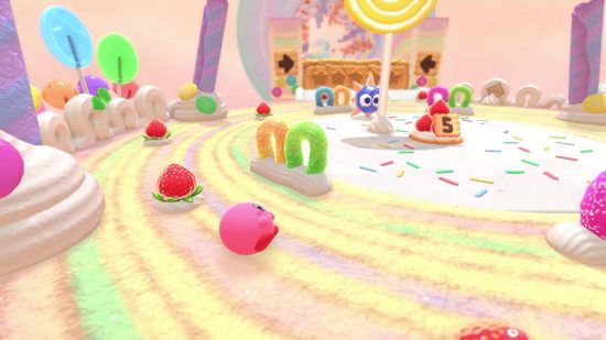 Kirby's Dream Buffet review: Kirby rolls around a level filled with sweets and desserts 