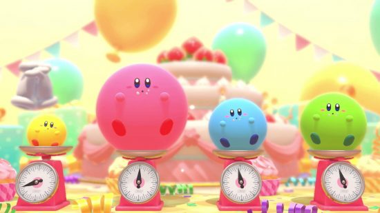 Kirby's Dream Buffet review: four Kirbys of different colours appear on a set of scales to decide which is the largest