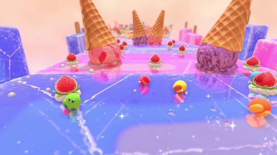 Kirby's Dream Buffet review: four differently coloured Kirby's skate over a level based on a popsicle and filled with ice cream cones