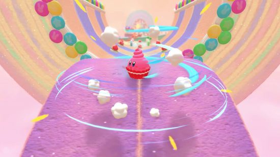 Kirby's Dream Buffet review: Kirby transforms into a cupcake and twirls through a level collecting strawberries