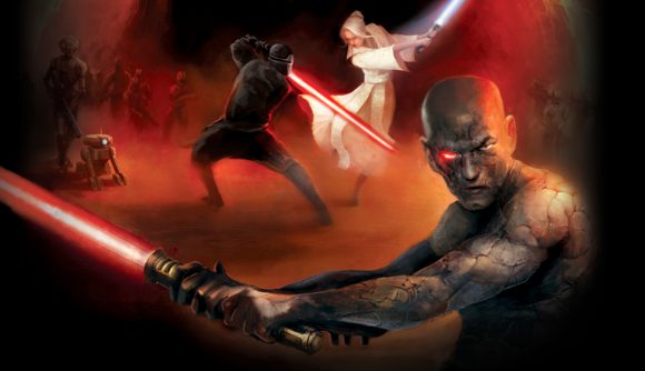A Sith Lord posing as a Jedi and Sith fight in the background over the KOTOR II Switch physical versions