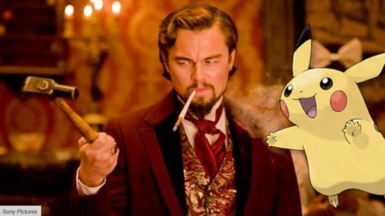 A picture of Leonardo DiCaprio in Django Unchained, smoking a cigarette and holding a hammer, with a PNG of Pikachu looking overexcited superimposed onto the right hand side of the pic.