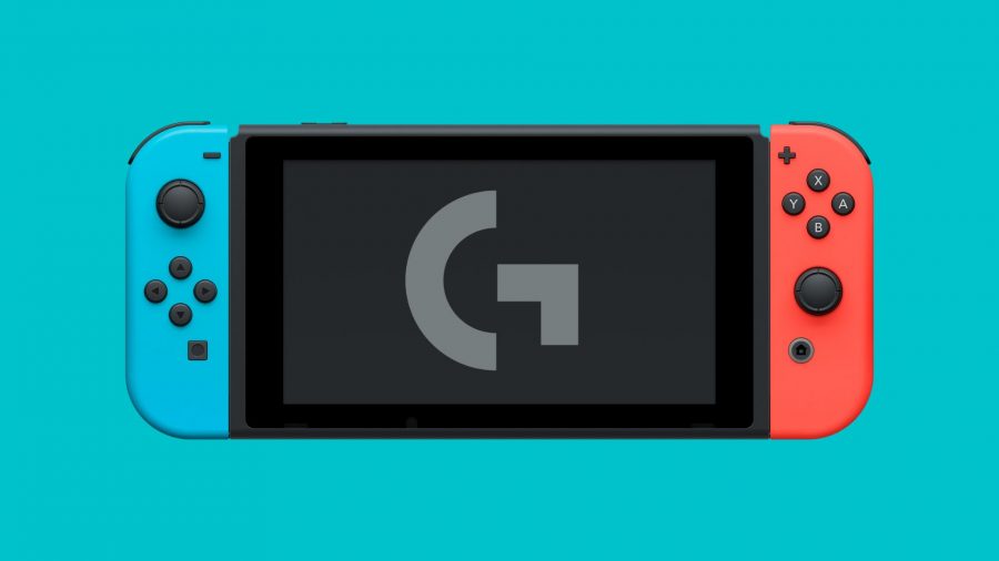 A picture of a Nintendo Switch with the Logitech logo on the screen, mocked up to suggest that the upcoming Logitech cloud gaming handheld could in some way resemble or compete with the Nintendo Switch. It's on a light blue background.