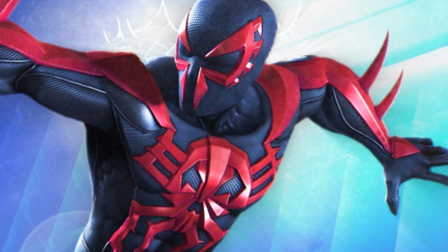 MCoC duel - Spider-Man 2099 swinging in front of a blue background