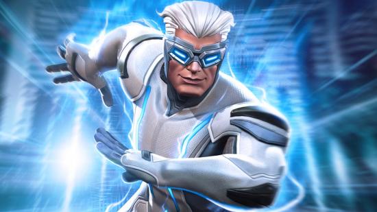 MCoC's Quicksilver running forwards in front of a blue screen