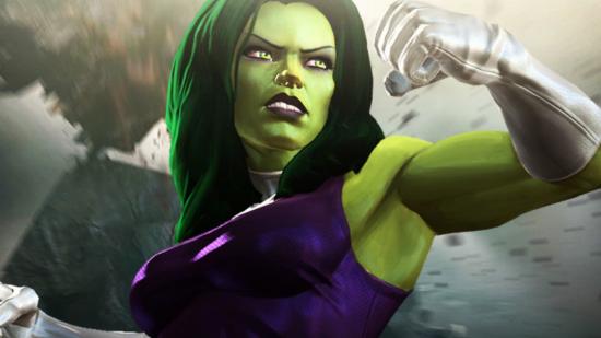 A close up of She-Hulk, who looks ready to kick some serious butt in her purple outfit