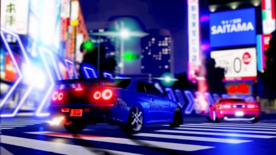Midnight Racing Tokyo codes - a blue car spedding around the corner behind a red car on a street