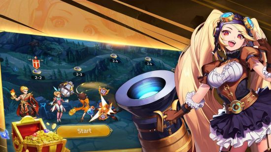 Mobile Legends: Adventures codes: Key art for the game Mobile Legends Adventures shows a blonde, female character wielding a large axe-like weapon with a chest full of gems next to her