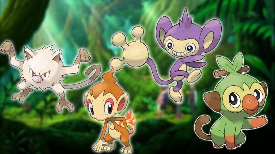 Monkey Pokemon: With a jungle-based Pokemon still in the background, an image shows the monkey Pokemon Mankey, Chimchar, Aipom, and Grookey