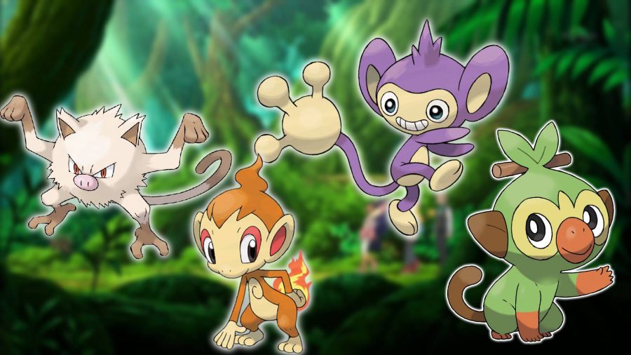 Małpi Pokemon: Z Pokemonem z dżungli wciąż w tle, obraz przedstawia małpę Pokemon Mankey, Chimchar, Aipom i Grookey
