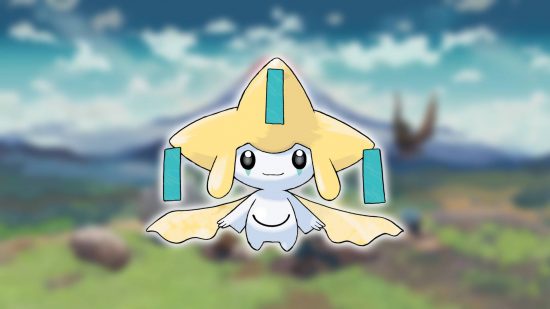 Mythical Pokemon: A backgrounds shows a screenshot from Pokemon Legends: Arceus, while the foreground shows key art of the Pokemon Jirachi