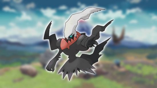 Mythical Pokemon: A backgrounds shows a screenshot from Pokemon Legends: Arceus, while the foreground shows key art of the Pokemon Darkrai