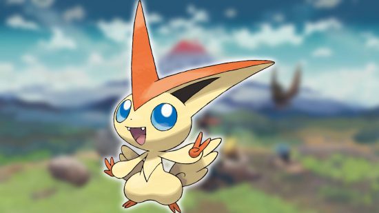 Mythical Pokemon: A backgrounds shows a screenshot from Pokemon Legends: Arceus, while the foreground shows key art of the Pokemon Victini