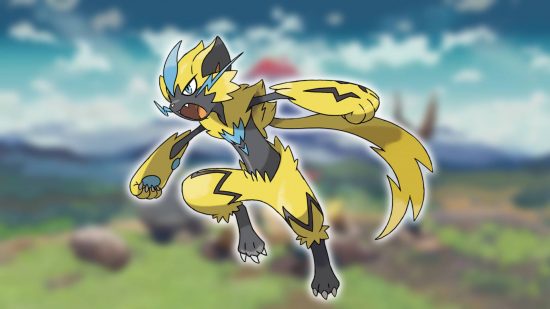 Mythical Pokemon: A backgrounds shows a screenshot from Pokemon Legends: Arceus, while the foreground shows key art of the Pokemon Zeraora
