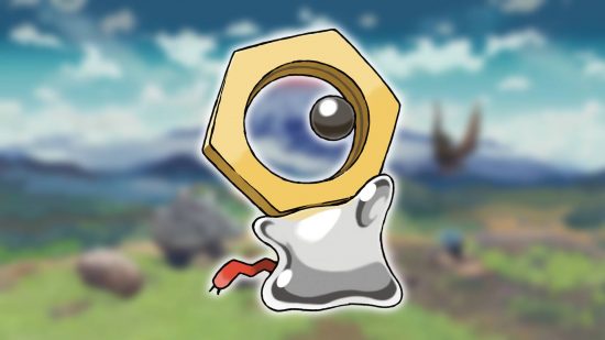 Mythical Pokemon: A backgrounds shows a screenshot from Pokemon Legends: Arceus, while the foreground shows key art of the Pokemon Meltan