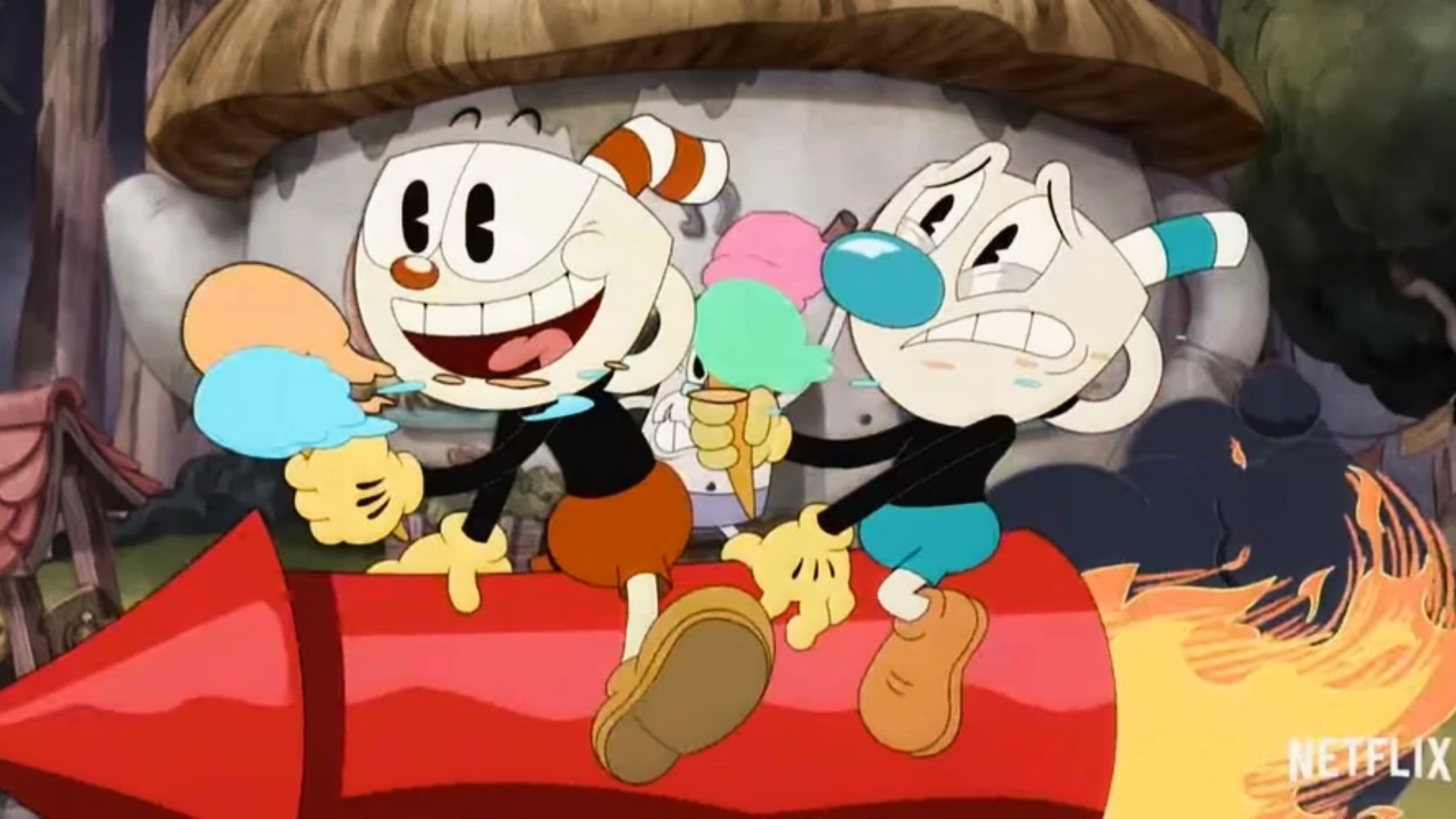 Netflix download - Cuphead and Mugman eating ice cream on top of a moving rocket