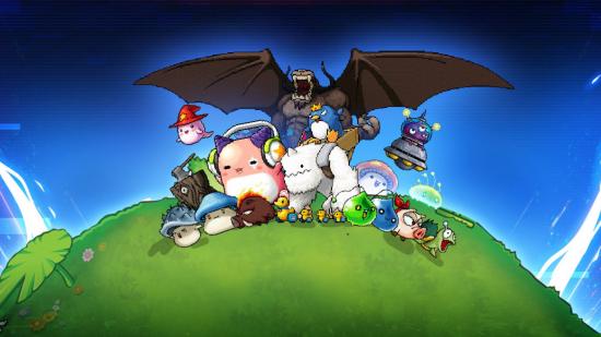 Art for MapleStory showing a large black winged beast behind various creatures like little mushroom creatures, a snow monster type thing, and a few more, atop a grassy hill.