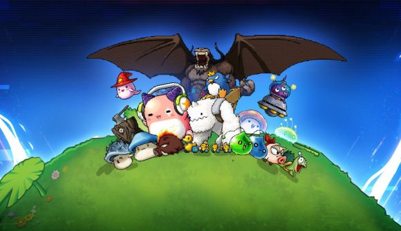 Art for MapleStory showing a large black winged beast behind various creatures like little mushroom creatures, a snow monster type thing, and a few more, atop a grassy hill.