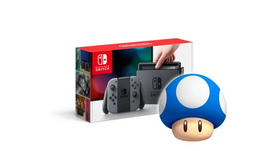 Nintendo Switch packaging reduction: a Nintendo Switch box is visible against a white background, btu next to it is the Mini-Mushroom from New Super Mario Bros